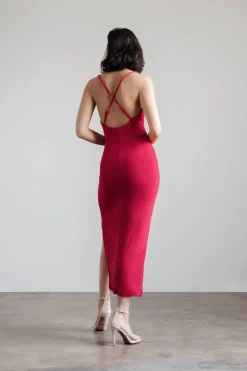 Tobi Slide Thru High Slit Cross Back Midi Dress - Red