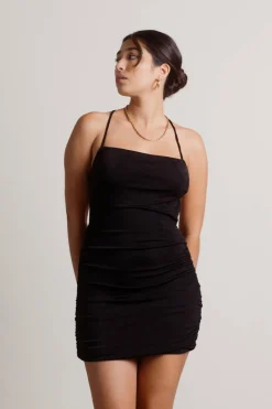 Tobi Slip Off Black Side Ruched Open Back Bodycon Mini Dress