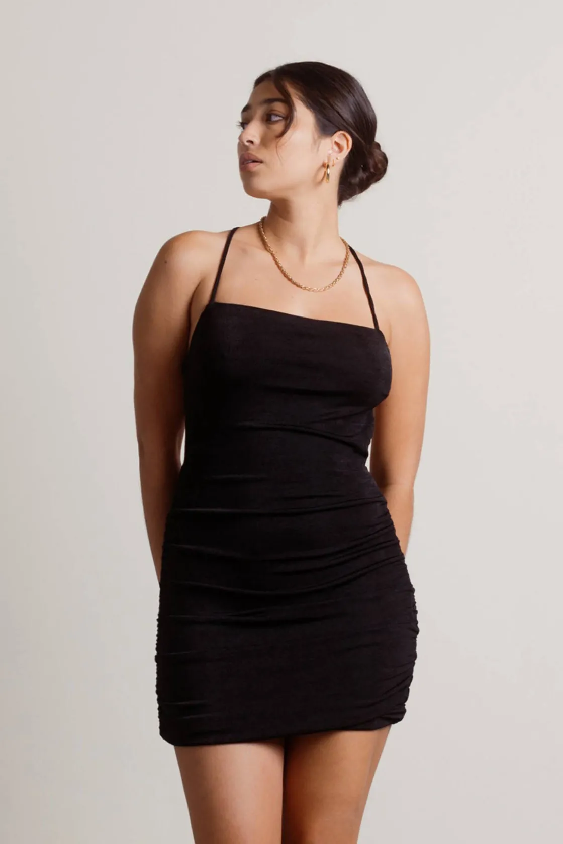Tobi Slip Off Black Side Ruched Open Back Bodycon Mini Dress