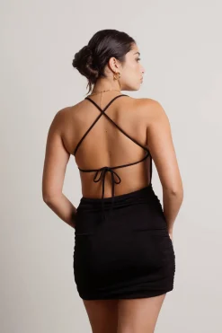 Tobi Slip Off Black Side Ruched Open Back Bodycon Mini Dress