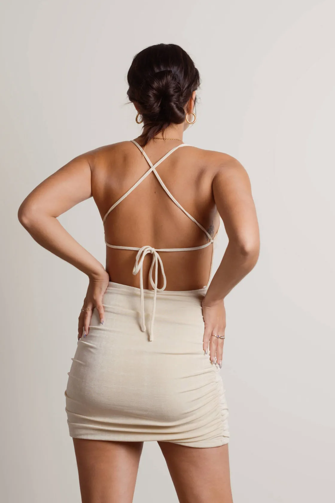 Tobi Slip Off Black Side Ruched Open Back Bodycon Mini Dress