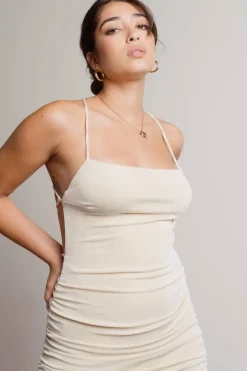 Tobi Slip Off Black Side Ruched Open Back Bodycon Mini Dress