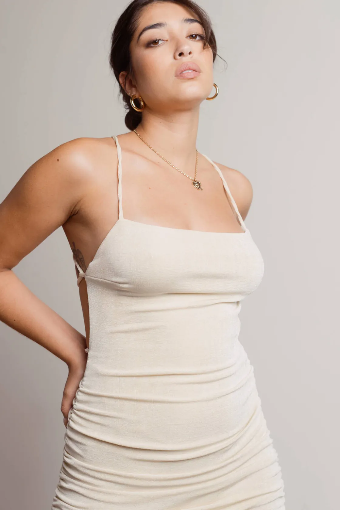 Tobi Slip Off Black Side Ruched Open Back Bodycon Mini Dress