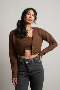 Tobi Sofie Knit Crop Top And Cardigan Set - Sage