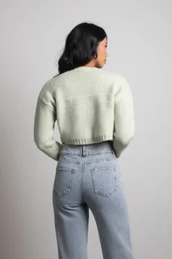 Tobi Sofie Knit Crop Top And Cardigan Set - Sage