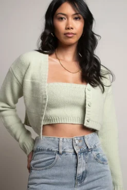 Tobi Sofie Knit Crop Top And Cardigan Set - Sage