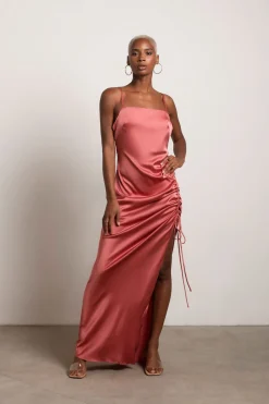 Tobi Stellar Satin High Slit Maxi Dress - Sage