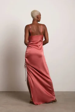 Tobi Stellar Satin High Slit Maxi Dress - Sage