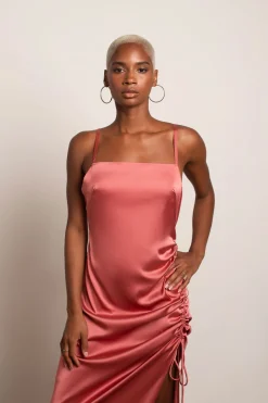 Tobi Stellar Satin High Slit Maxi Dress - Sage