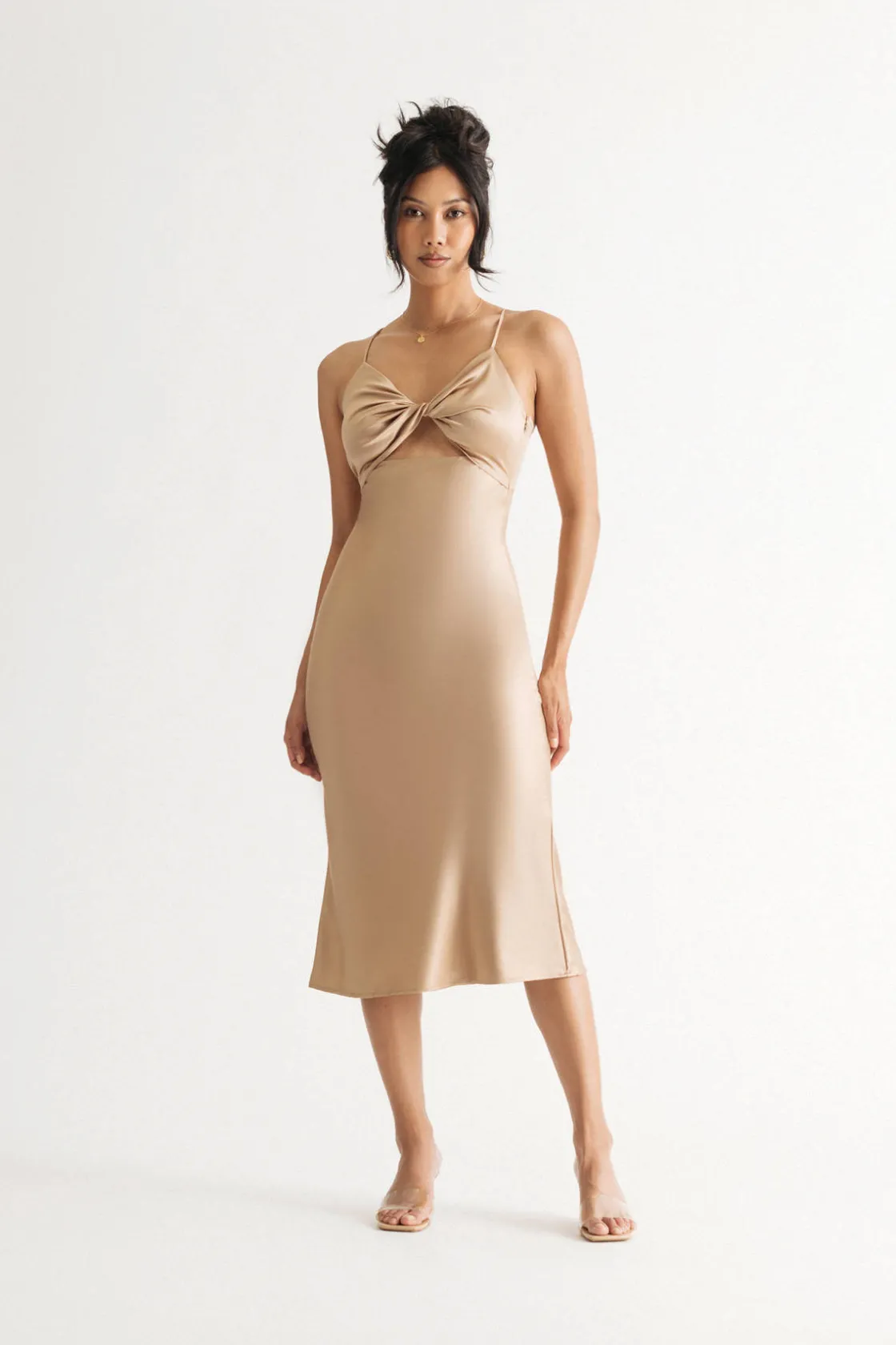 Tobi Take Me Out Beige Satin Twist Cutout Midi Dress