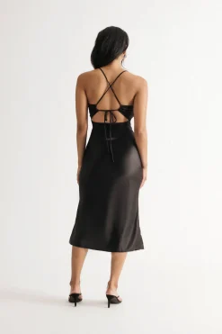 Tobi Take Me Out Beige Satin Twist Cutout Midi Dress