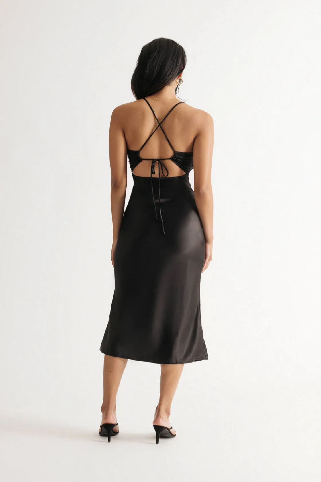 Tobi Take Me Out Beige Satin Twist Cutout Midi Dress