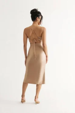 Tobi Take Me Out Beige Satin Twist Cutout Midi Dress