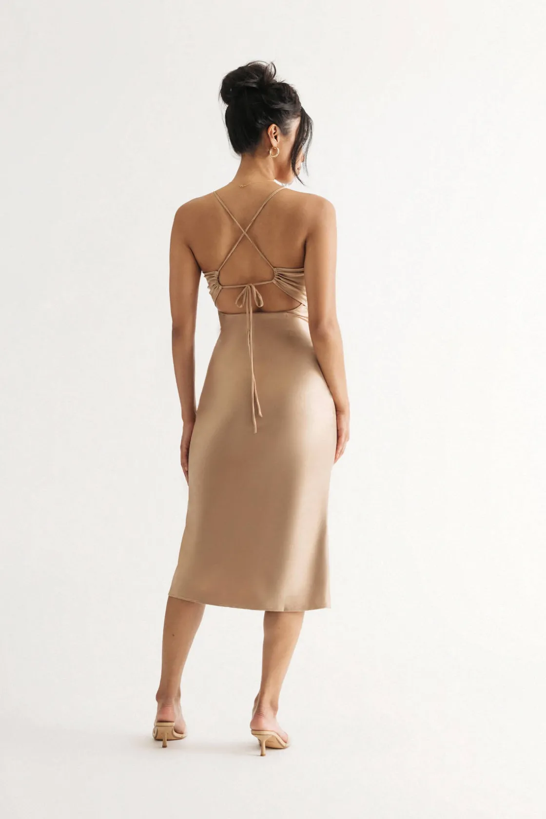 Tobi Take Me Out Beige Satin Twist Cutout Midi Dress