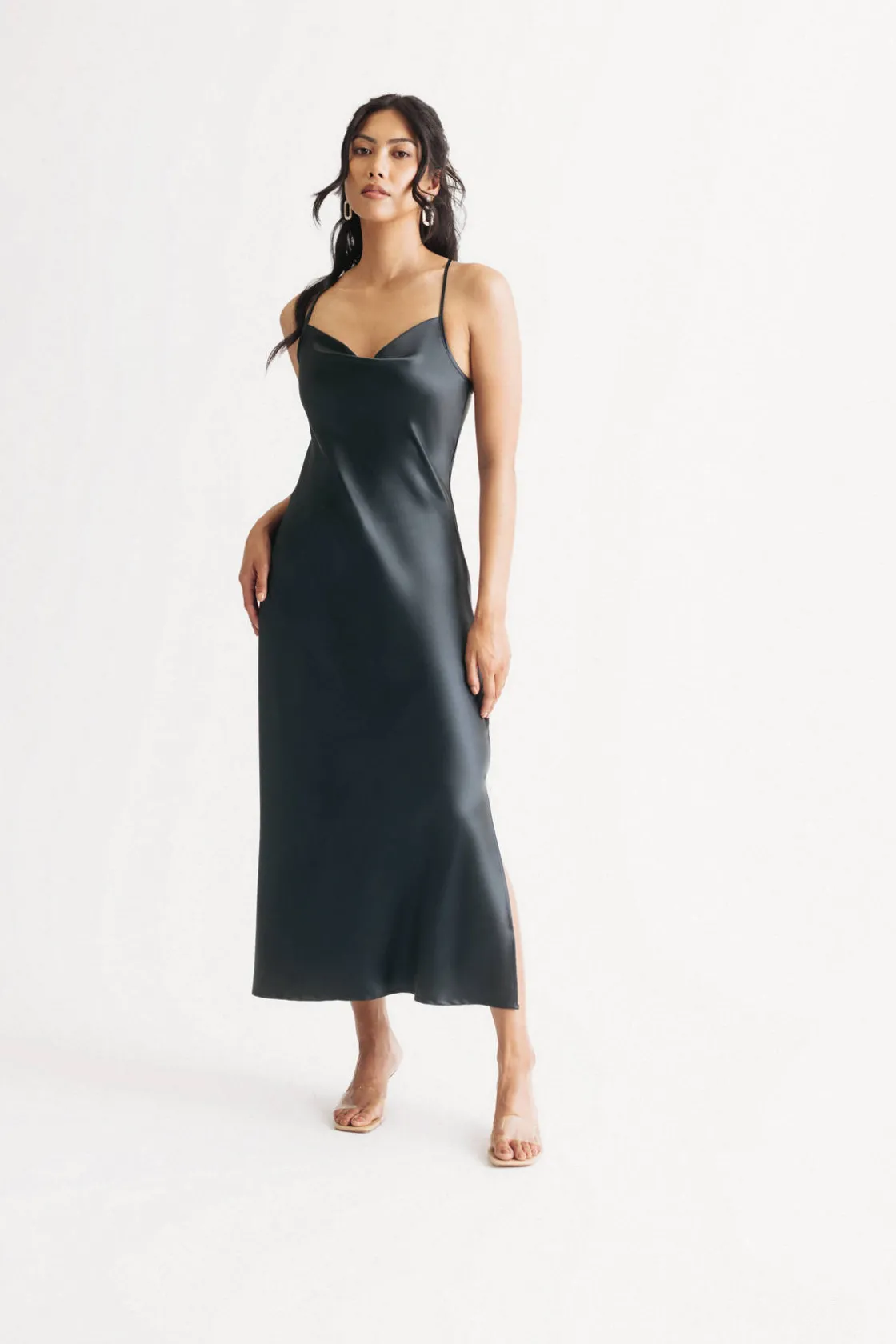 Tobi Theodora Satin Cowl Neck Midi Dress - Dark Navy