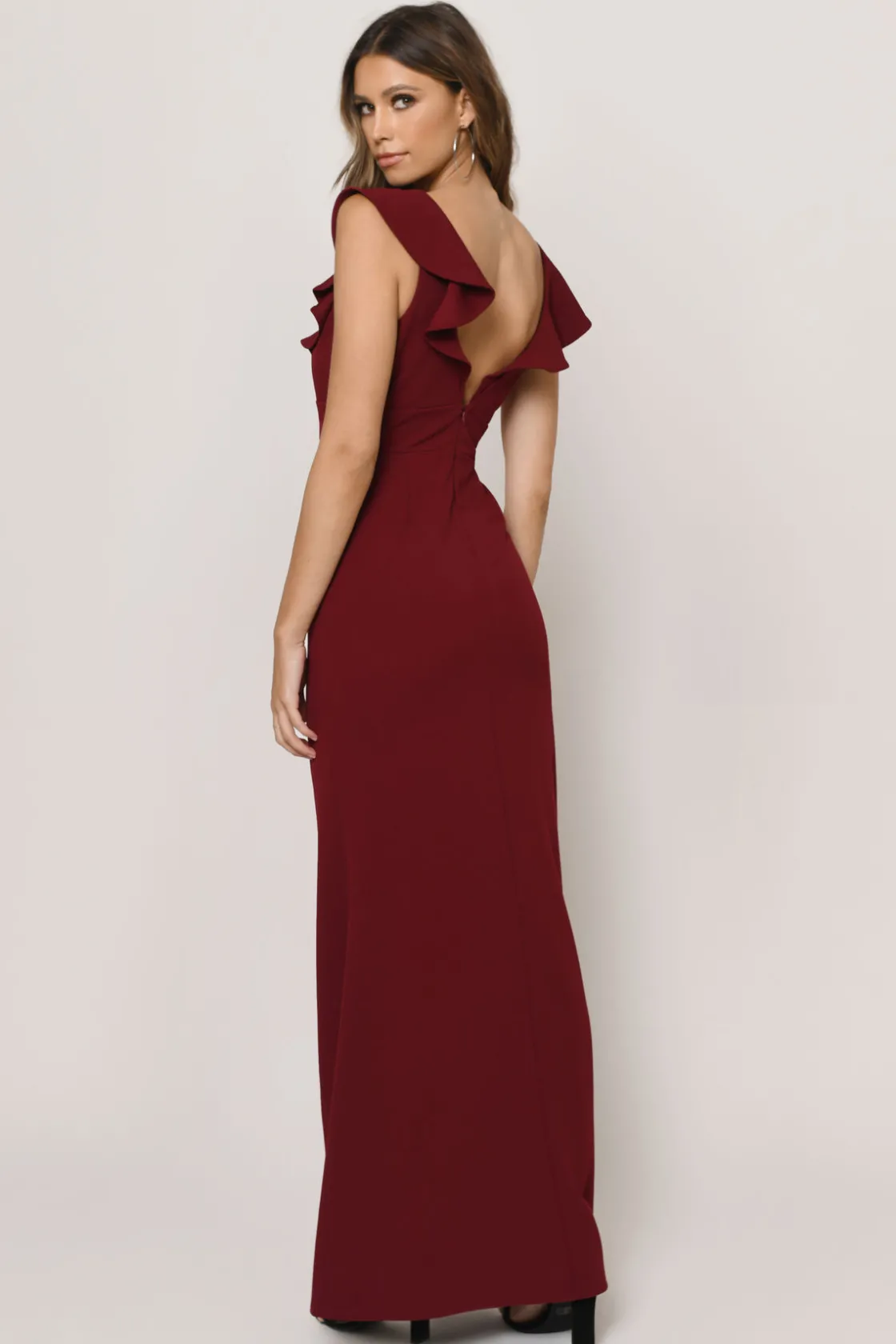 Tobi Too Close Ruffle Deep V Maxi Dress - Wine