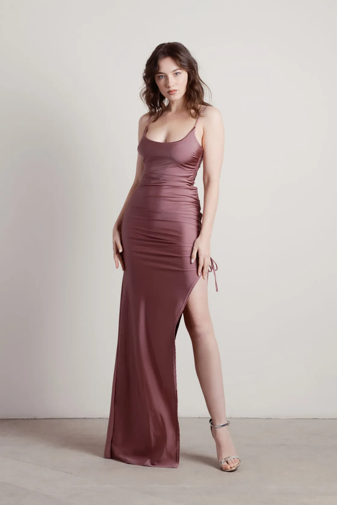 Tobi What A Night Ruched High Slit Maxi Dress - Mauve