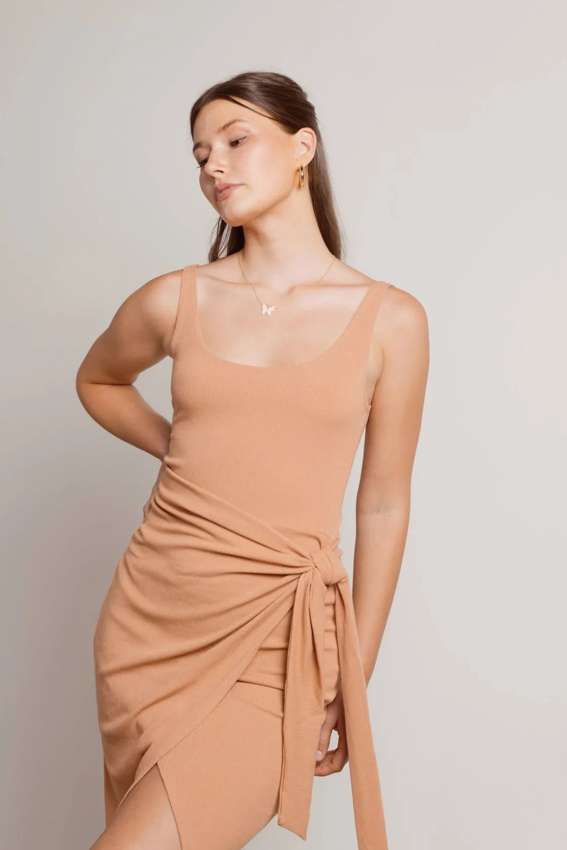 Tobi Wish I Missed You Side Slit Wrap Midi Dress - Tan