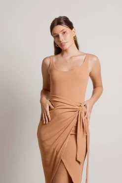Tobi Wish I Missed You Side Slit Wrap Midi Dress - Tan