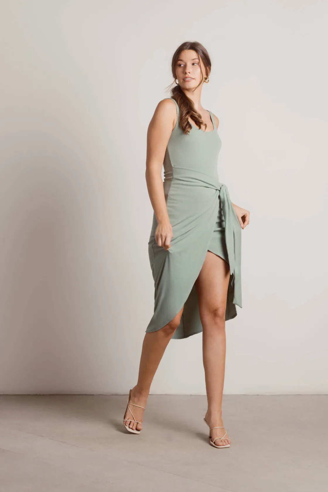Tobi Wish I Missed You Side Slit Wrap Midi Dress - Tan